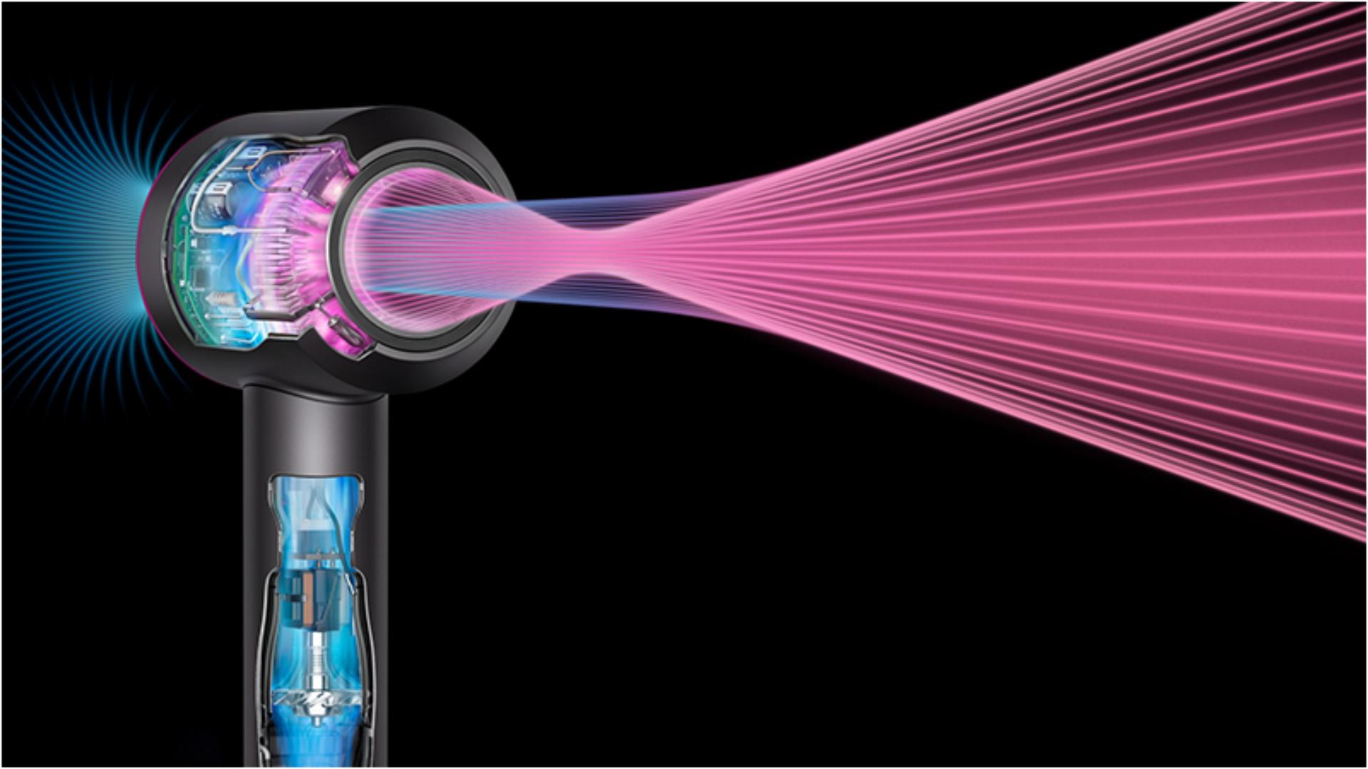 Radiografinis „Dyson Supersonic“ plaukų džiovintuvo sukuriamo oro srauto vaizdas