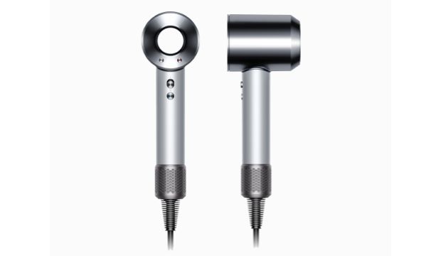 Dyson Supersonic professional hair dryer, front and side view.