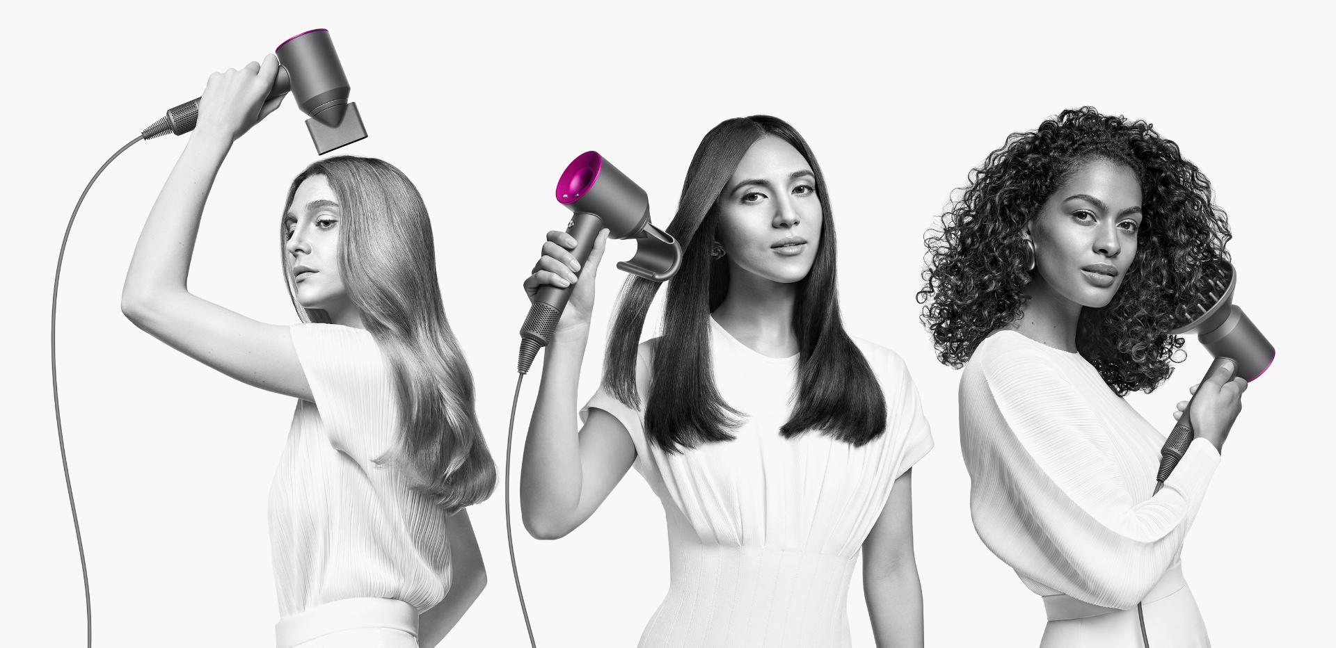 Three models with different hair types using different attachments to style their hair