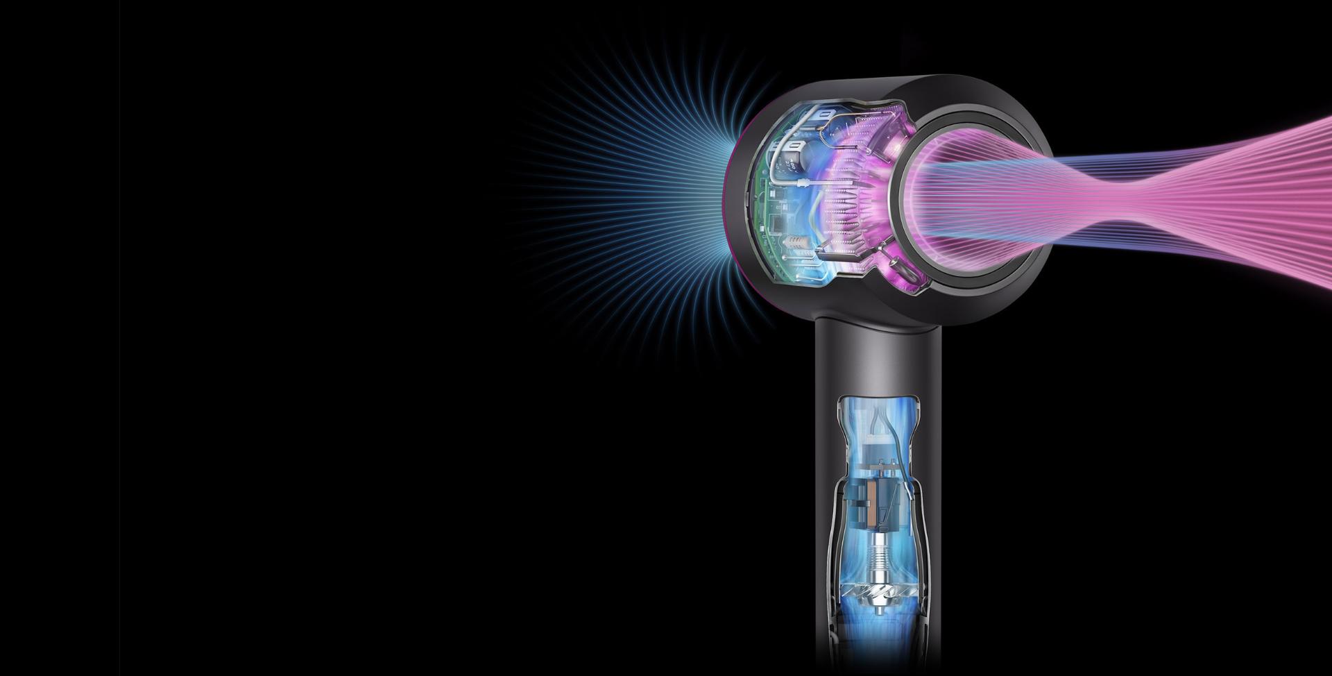 Sơ đồ mặt cắt của máy sấy tóc Supersonic để minh họa luồng gió mạnh mẽ và tính năng kiểm soát nhiệt thông minh.