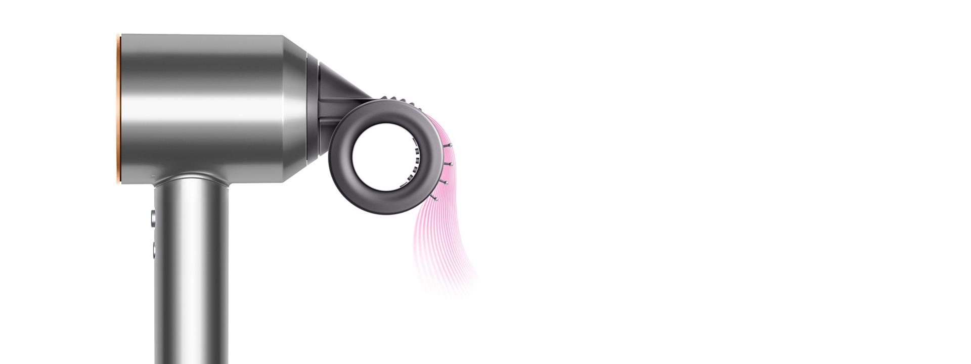 Side view of the Dyson Supersonic with Flyaway smoother attachment.