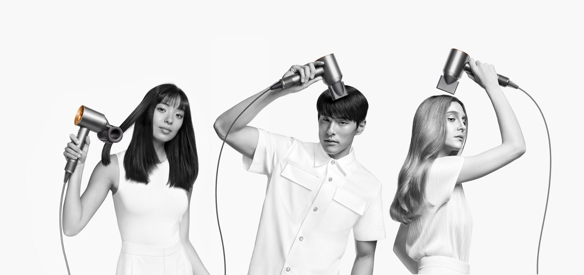 Three models use the Dyson Supersonic with various attachments.