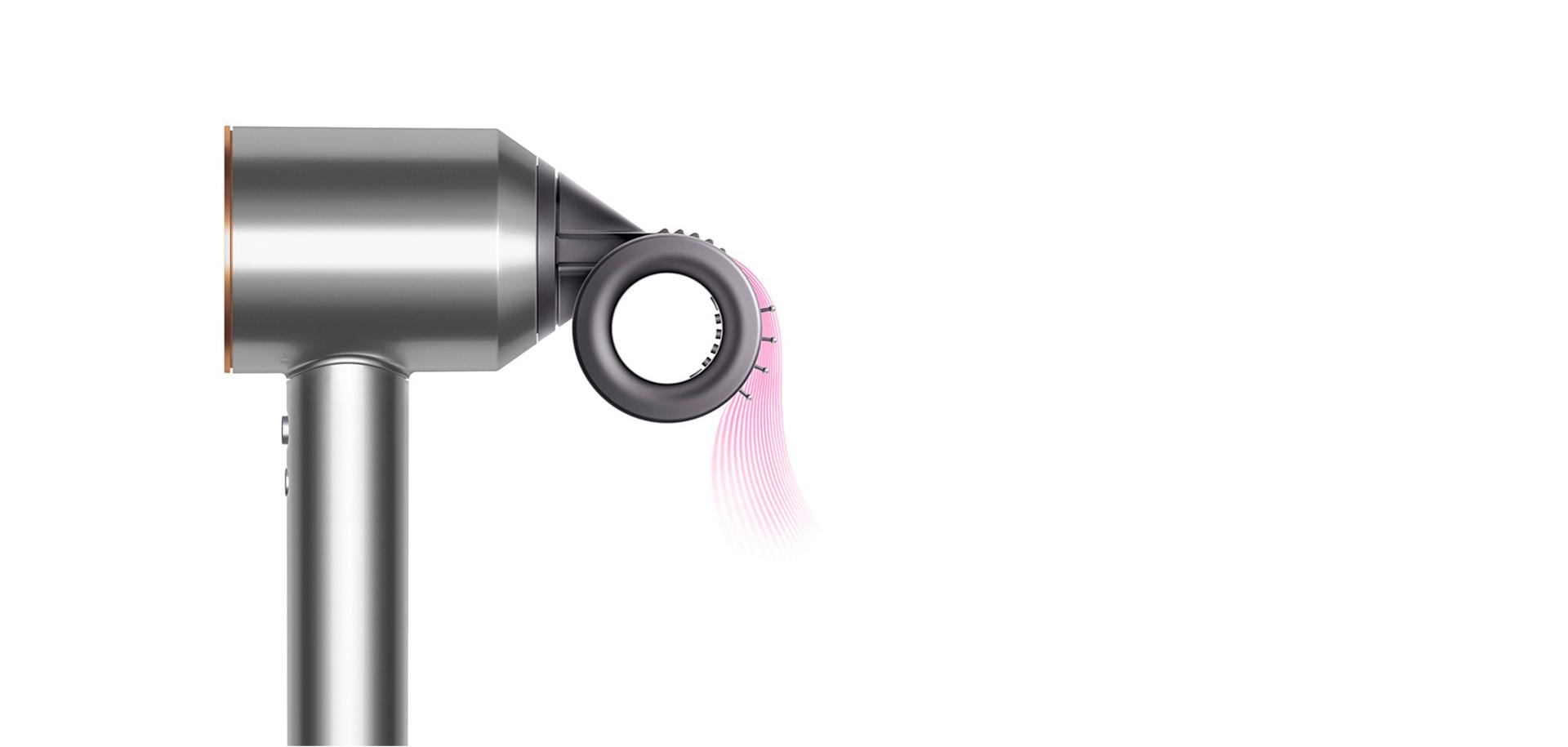 Side view of the Dyson Supersonic with Flyaway smoother attachment.