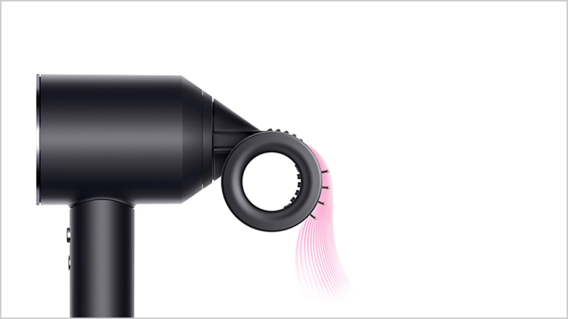 Side view of the Dyson Supersonic with Flyaway smoother attachment.