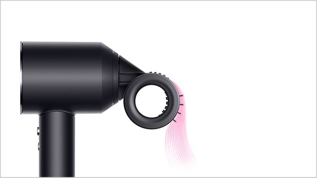 Side view of the Dyson Supersonic with Flyaway smoother attachment.