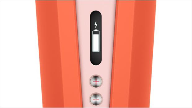 Crop shot of side edge of Corrale, with OLED screen showing battery level