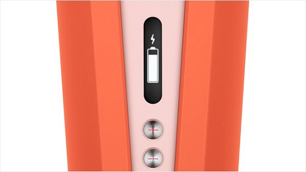 Crop shot of side edge of Corrale, with OLED screen showing battery level