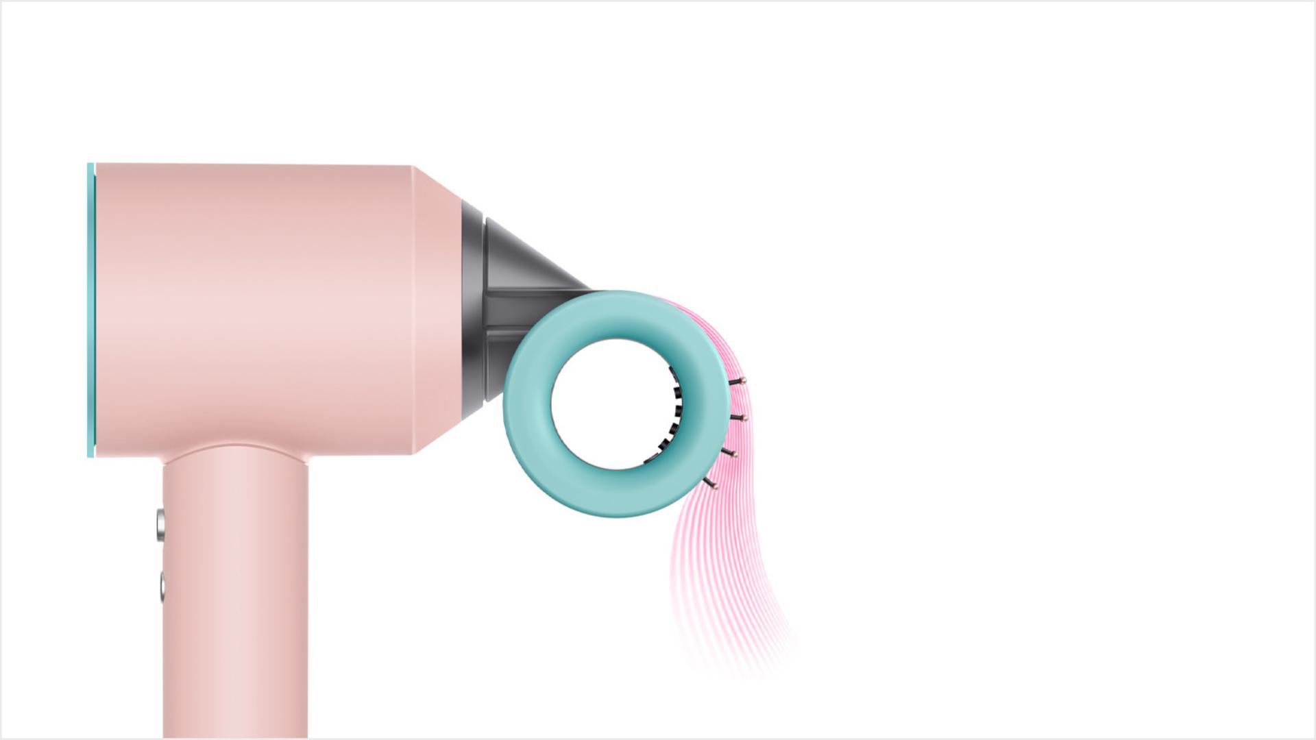 Profile view of Dyson Supersonic hair dryer with Flyaway smoother attachment