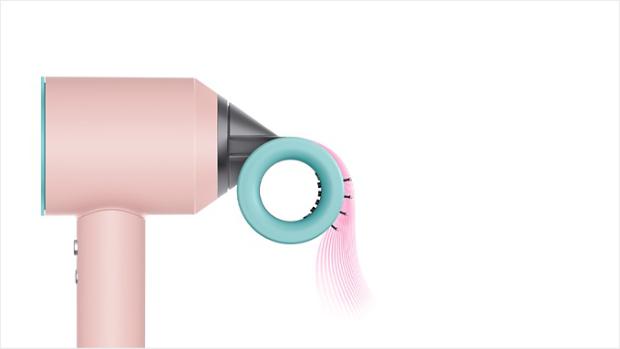 Profile view of Dyson Supersonic hair dryer with Flyaway smoother attachment