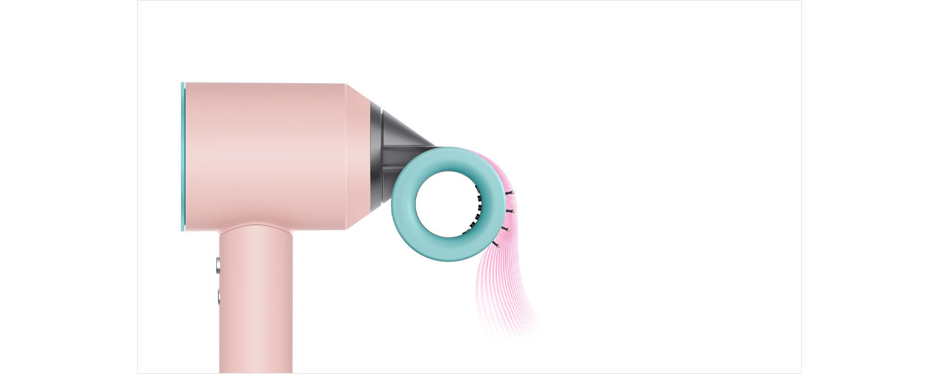 Profile view of Dyson Supersonic hair dryer with Flyaway smoother attachment