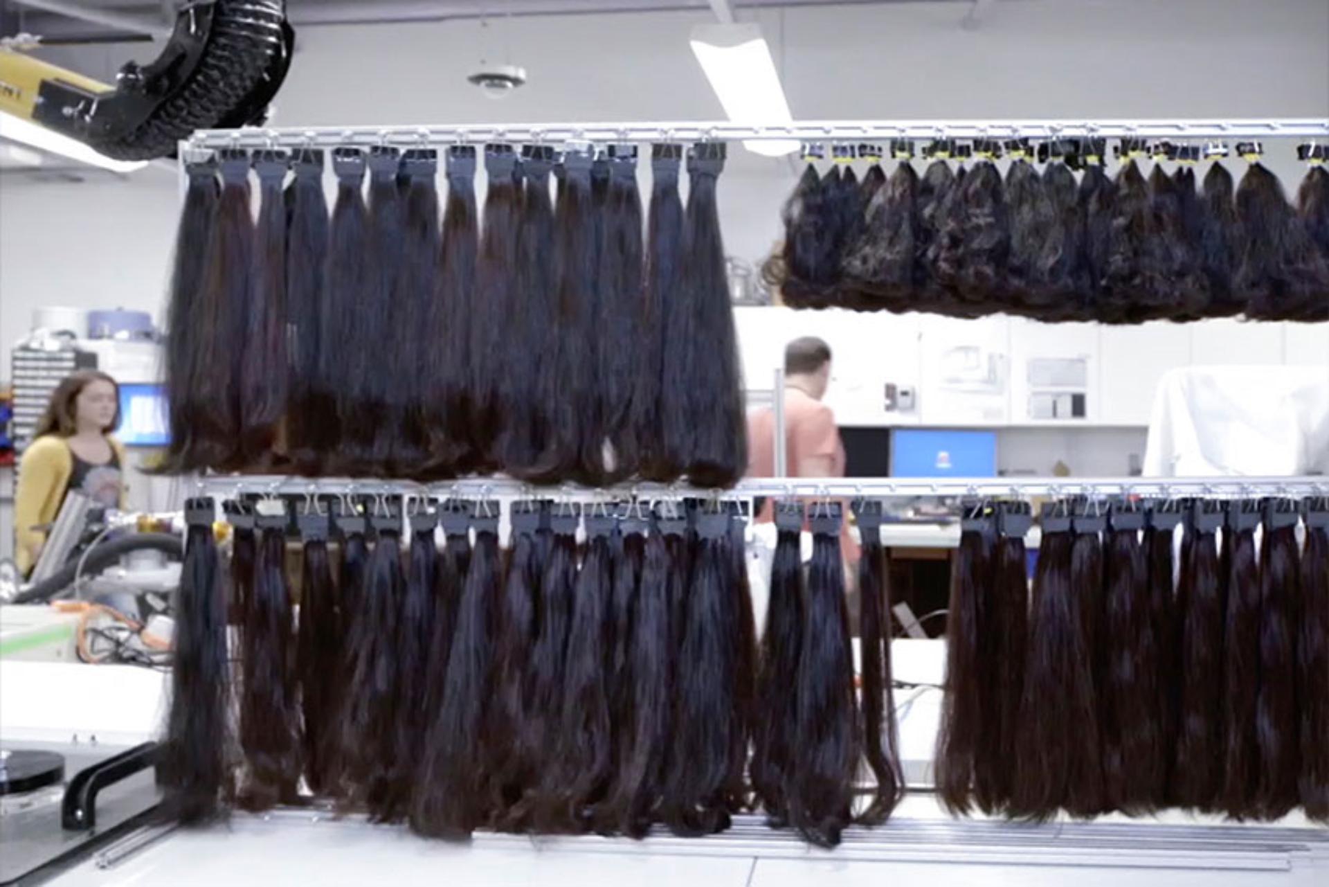 Hair extensions hanging in Dyson lab