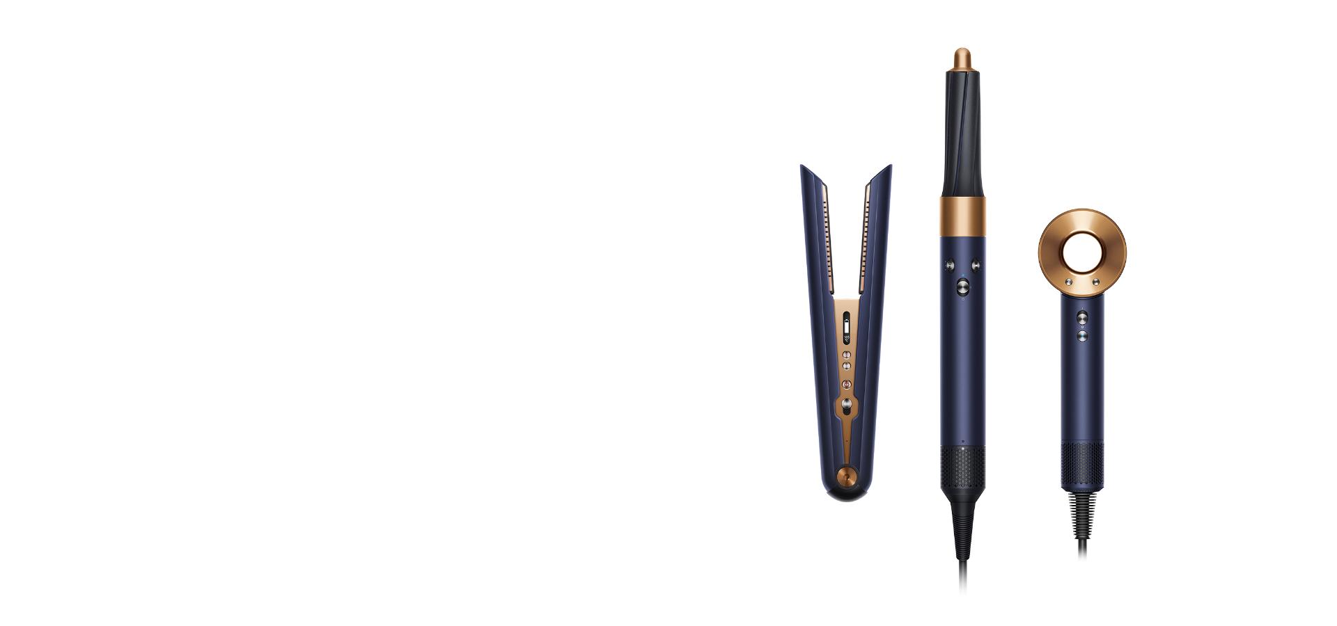 La alaciadora Dyson Corrale, el estilizador Airwrap y la secadora de cabello Supersonic en azul Prusia y cobre.