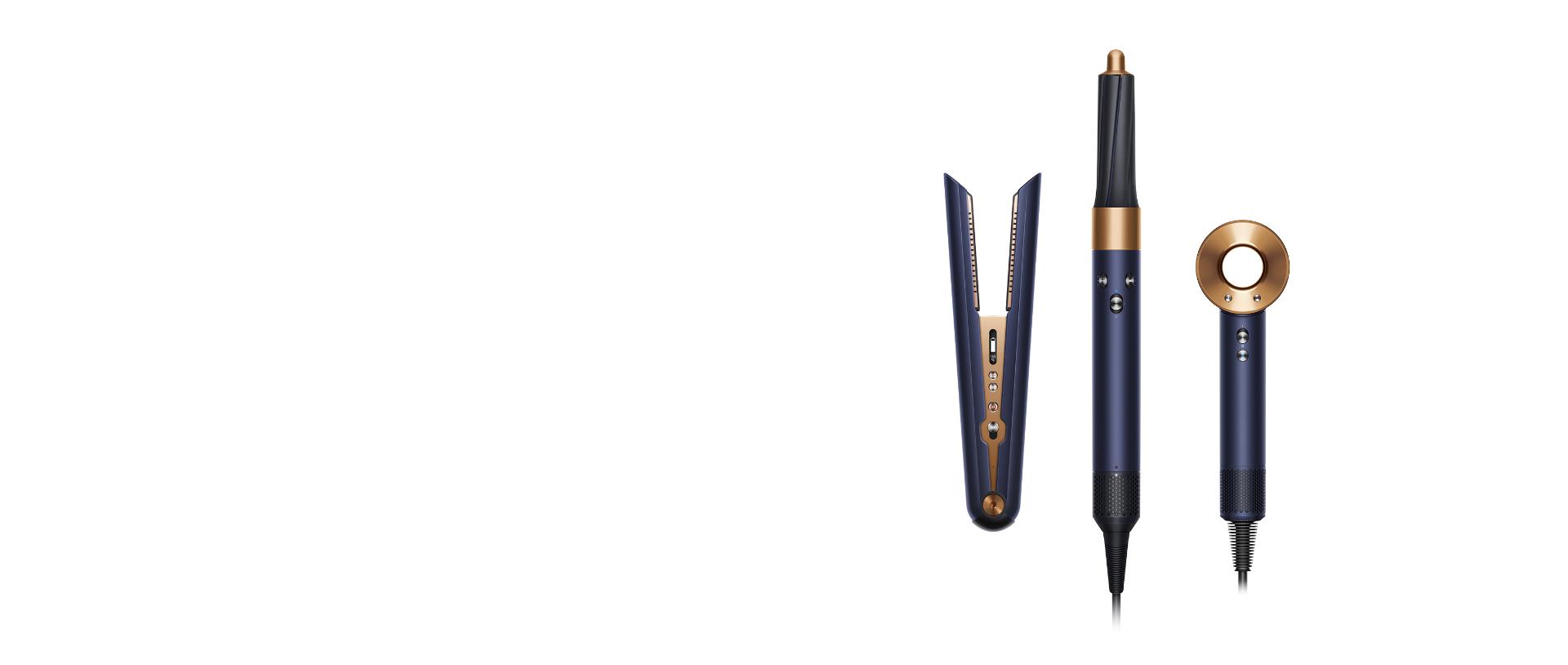 La alaciadora Dyson Corrale, el estilizador Airwrap y la secadora de cabello Supersonic en azul Prusia y cobre.