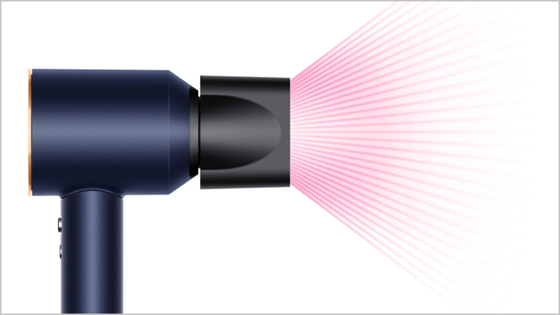Side view of the Dyson Supersonic with Smoothing nozzle attachment.