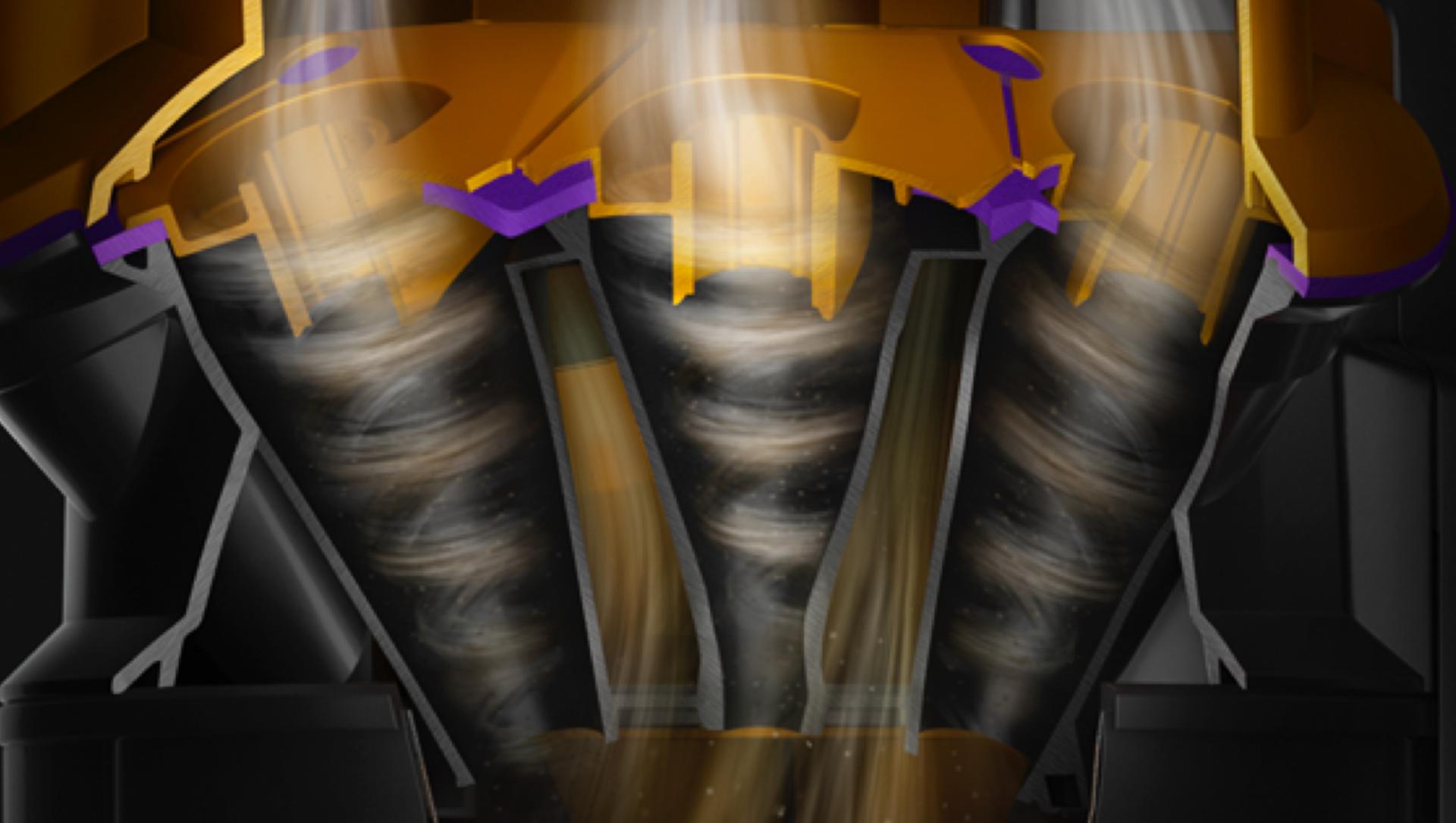 A graphic showing the airflow within the cyclones of a Dyson vacuum cleaners.