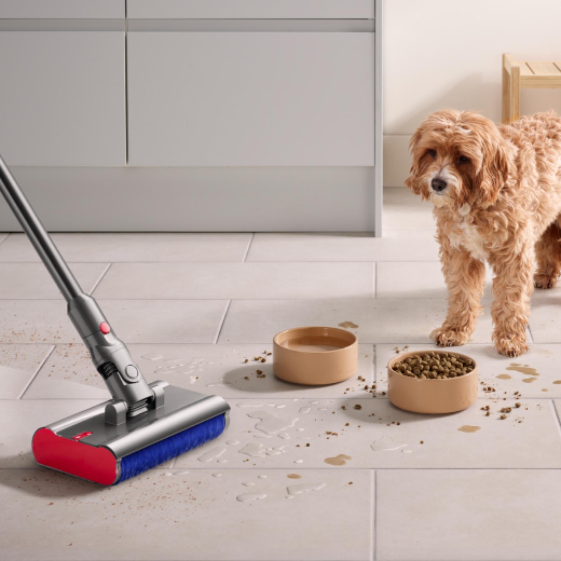 A Dyson Submarine wet roller head is used to clean a spill from a dog’s food bowl.