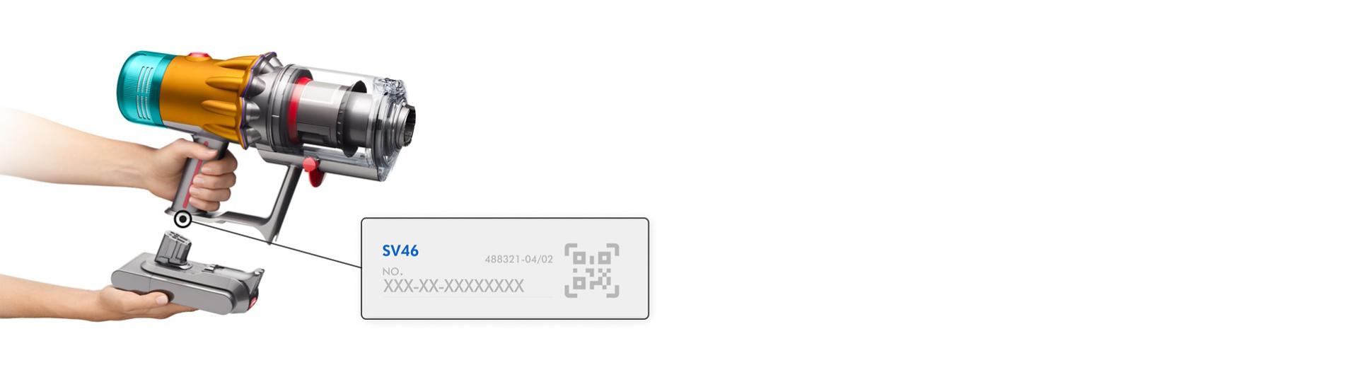 The click-in battery is removed from the Dyson V12 vacuum cleaner with a highlight on the SV number of the machine.