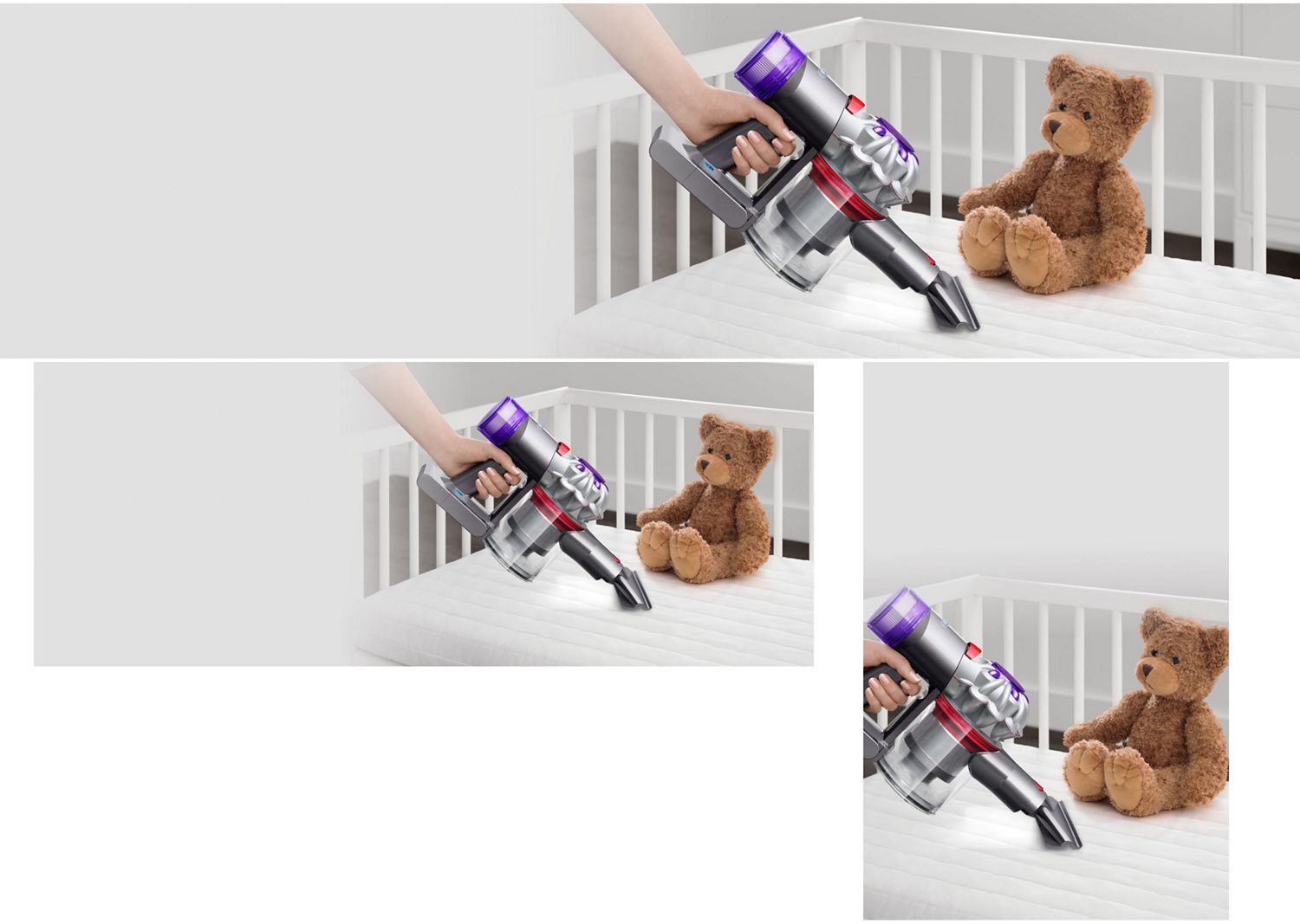 Vue latérale de l’aspirateur Dyson V8 utilisé en aspirateur à main pour nettoyer un mateals.