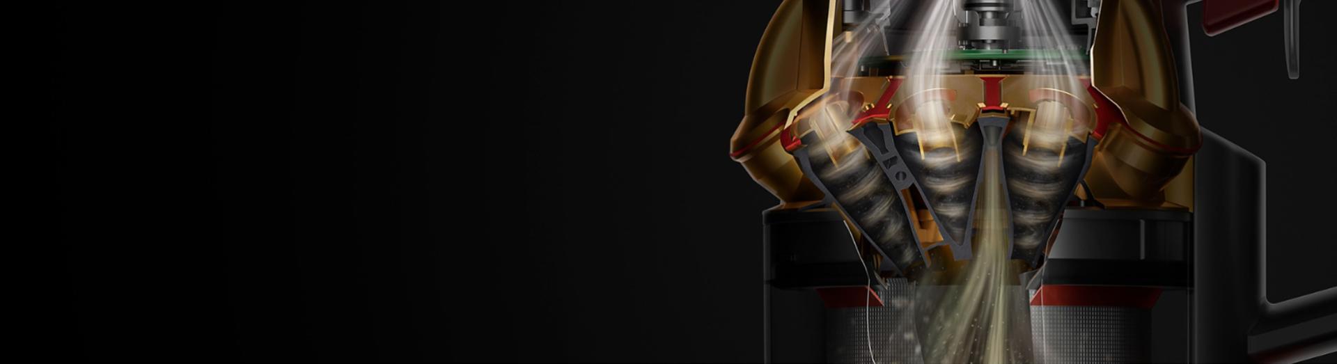 Cutaway view of airflow within a Dyson cyclone.