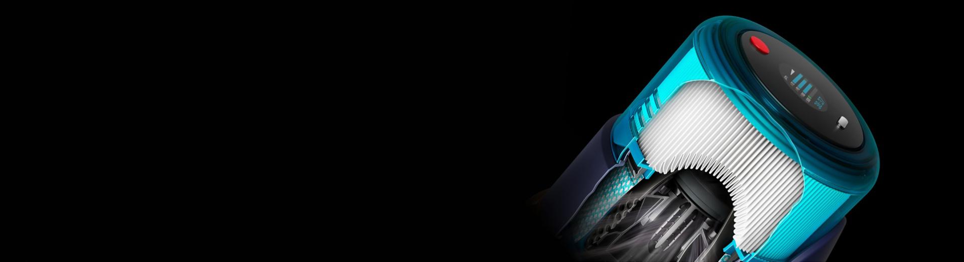 Cutaway of a HEPA filter with the screen displaying a reading.