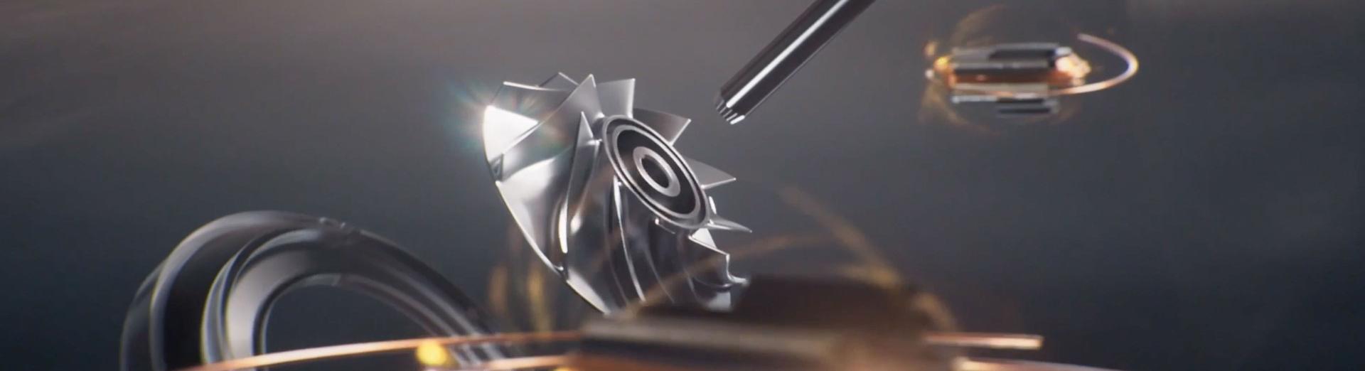 Components in mid-air reassemble into a Dyson Hyperdymium motor.