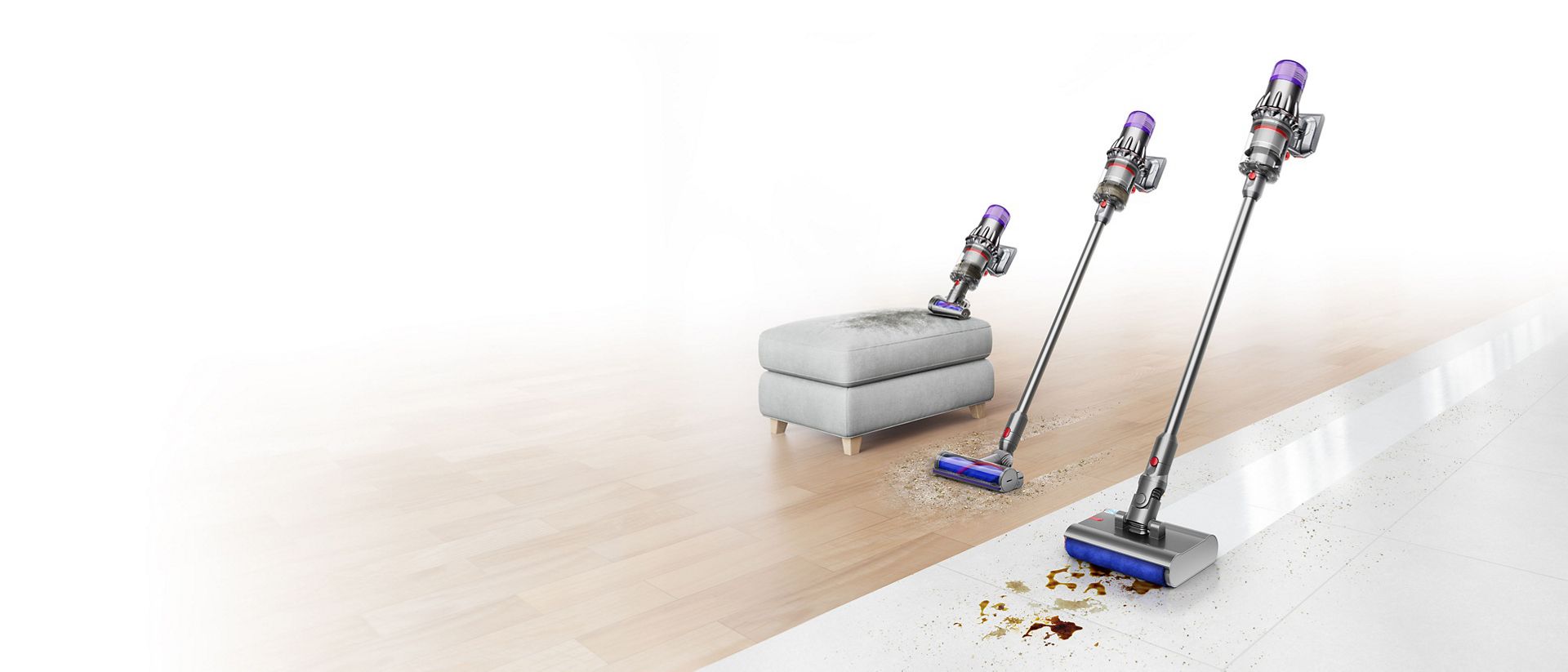 The Dyson V9 vacuum with the Hair screw tool, Motorbar cleaner head and Submarine wet roller head.