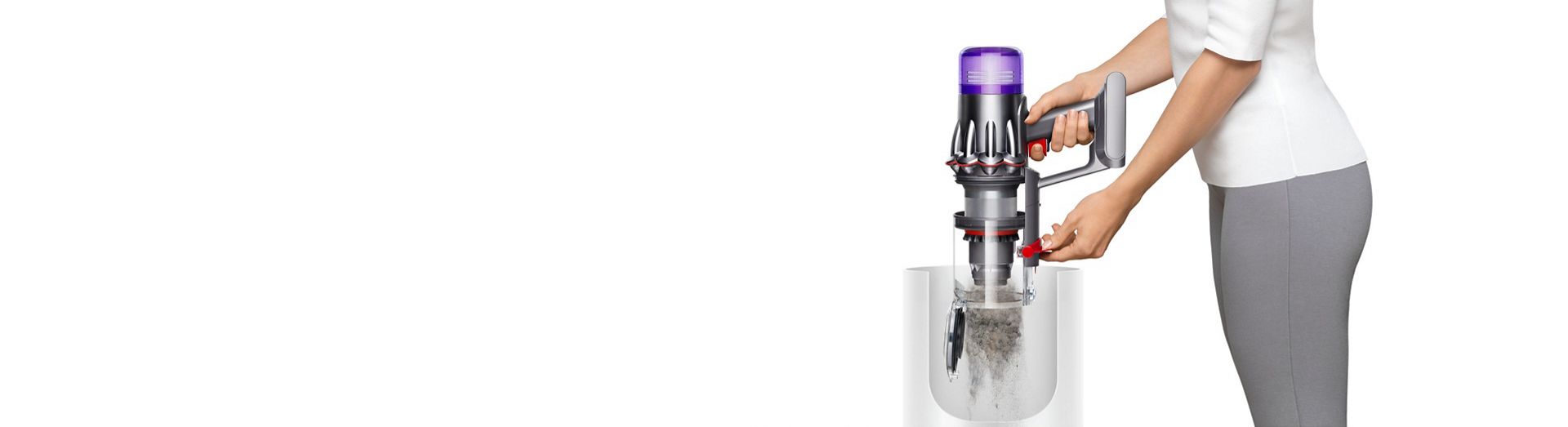 The Dyson V9 vacuum is emptied hygienically in one smooth action.