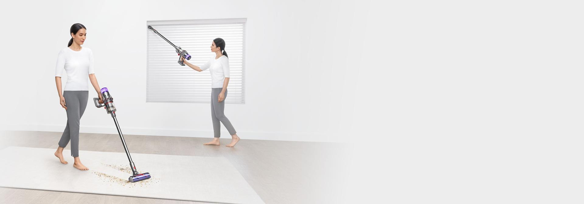 The Dyson V9 vacuum with various attachments is used to clean around their home.