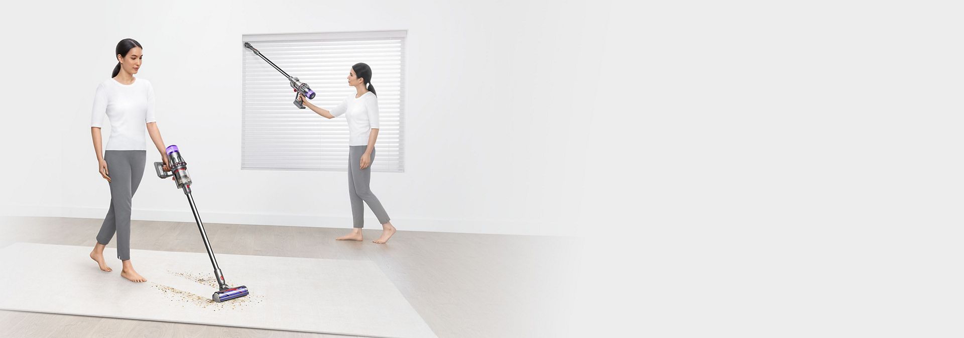 The Dyson V9 vacuum with various attachments is used to clean around their home.