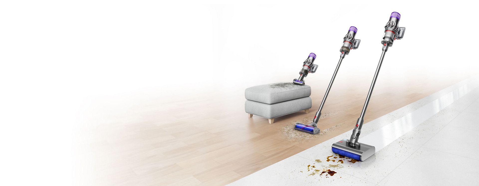 The Dyson V9 vacuum with the Hair screw tool, Motorbar cleaner head and Submarine wet roller head.