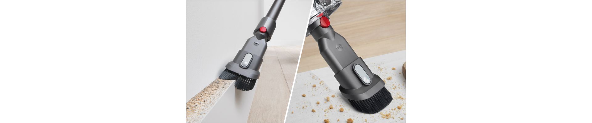 The Combination tool is used to clean crumbs from a surface and skirting board.
