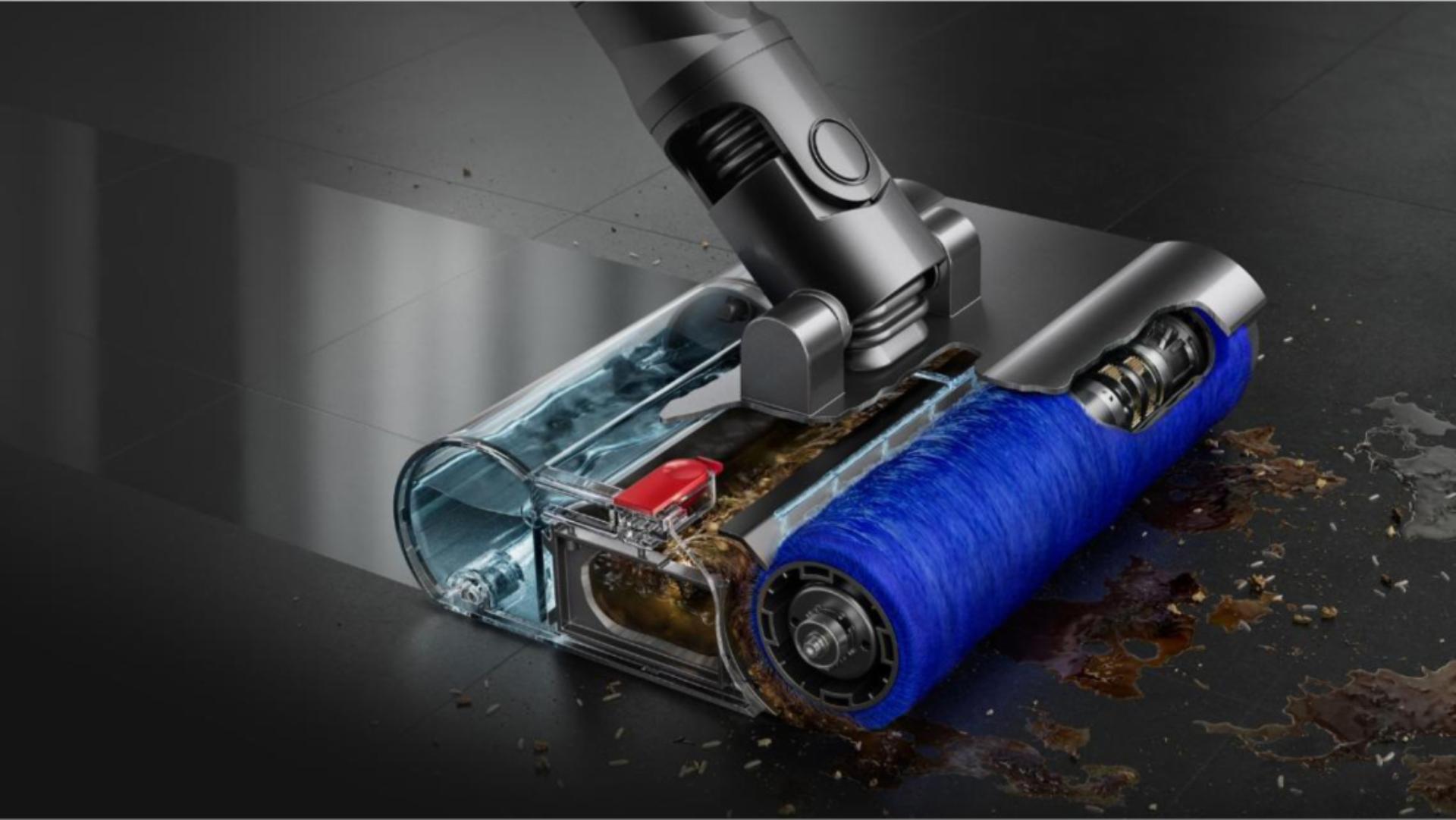 The Submarine wet roller head cleans spills from a tiled floor.