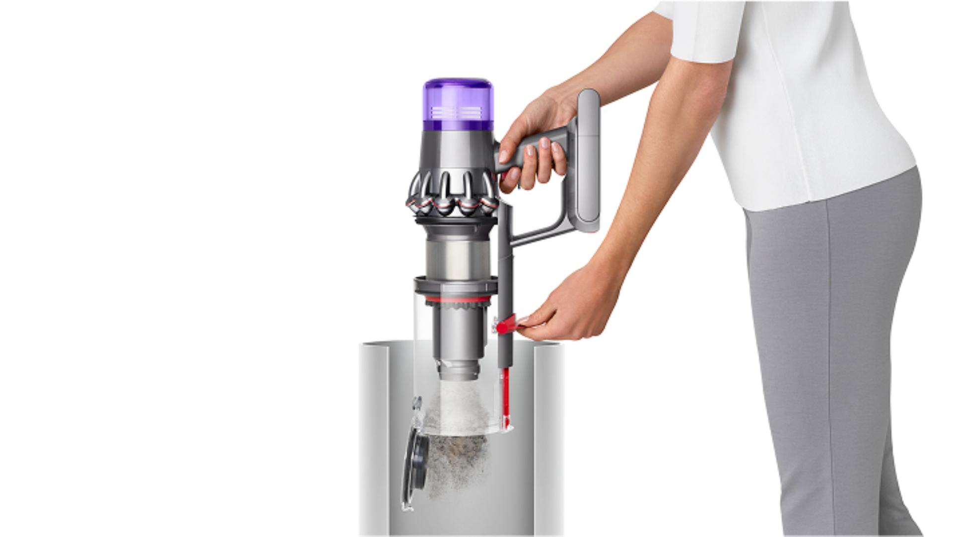 The Dyson V9 vacuum is emptied hygienically in one smooth action.