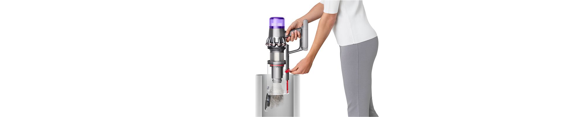 The Dyson V9 vacuum is emptied hygienically in one smooth action.