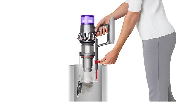 The Dyson V9 vacuum is emptied hygienically in one smooth action.