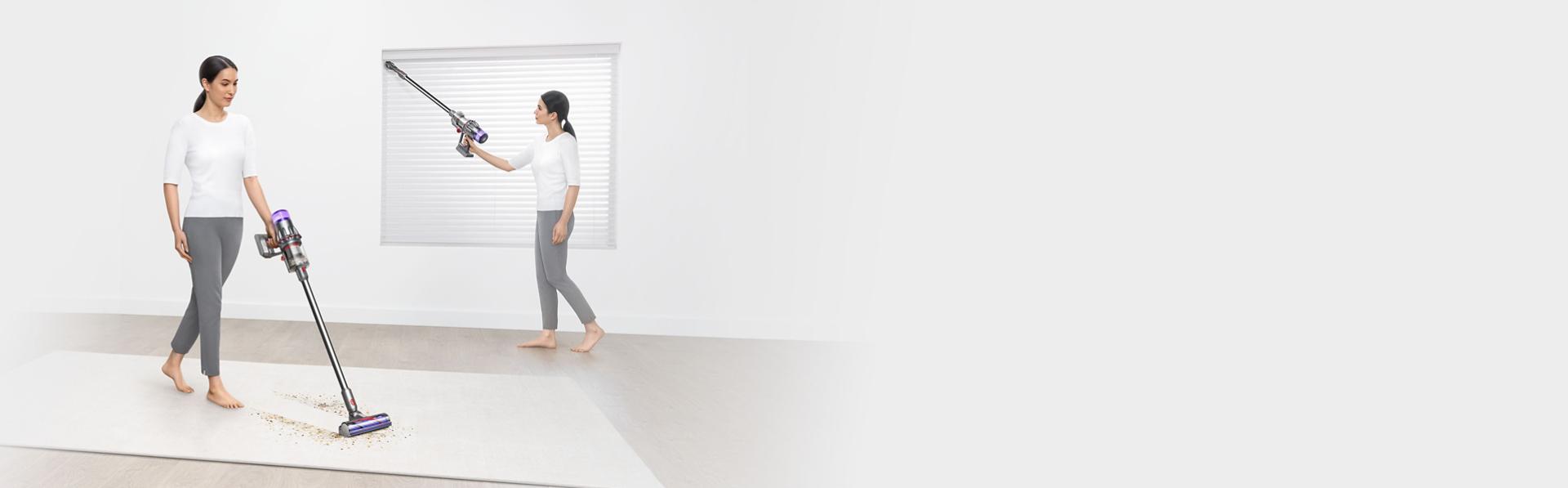 The Dyson V9 vacuum with various attachments is used to clean around their home.