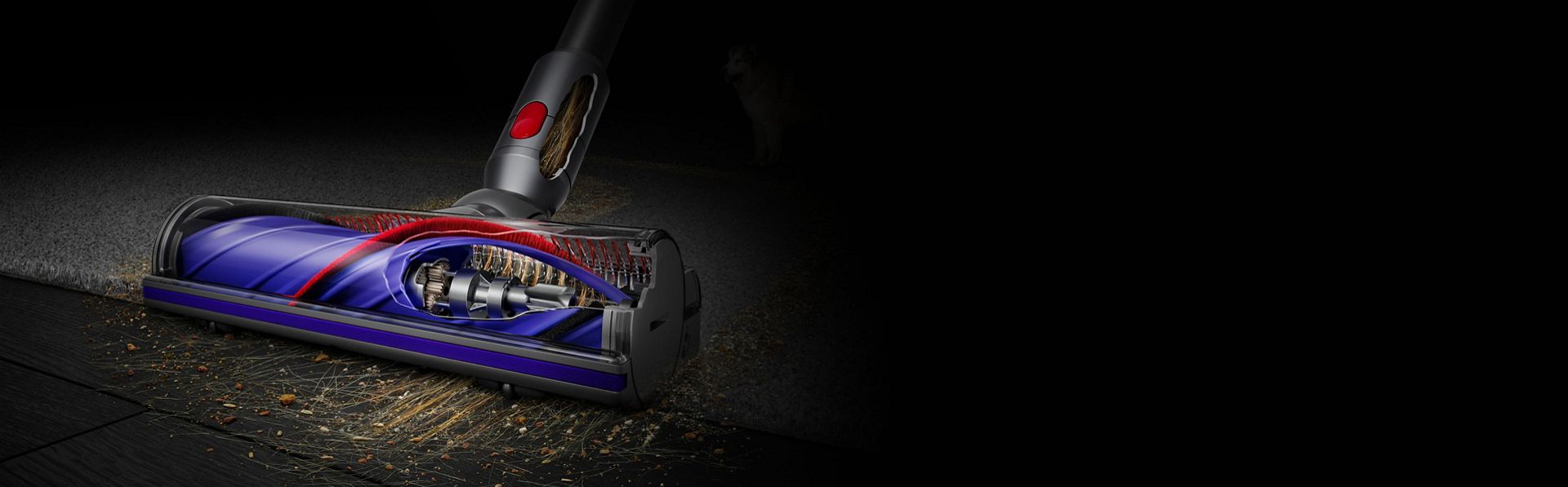 Cutaway of the Dyson Motorbar cleaner head showing the de-tangling technology.