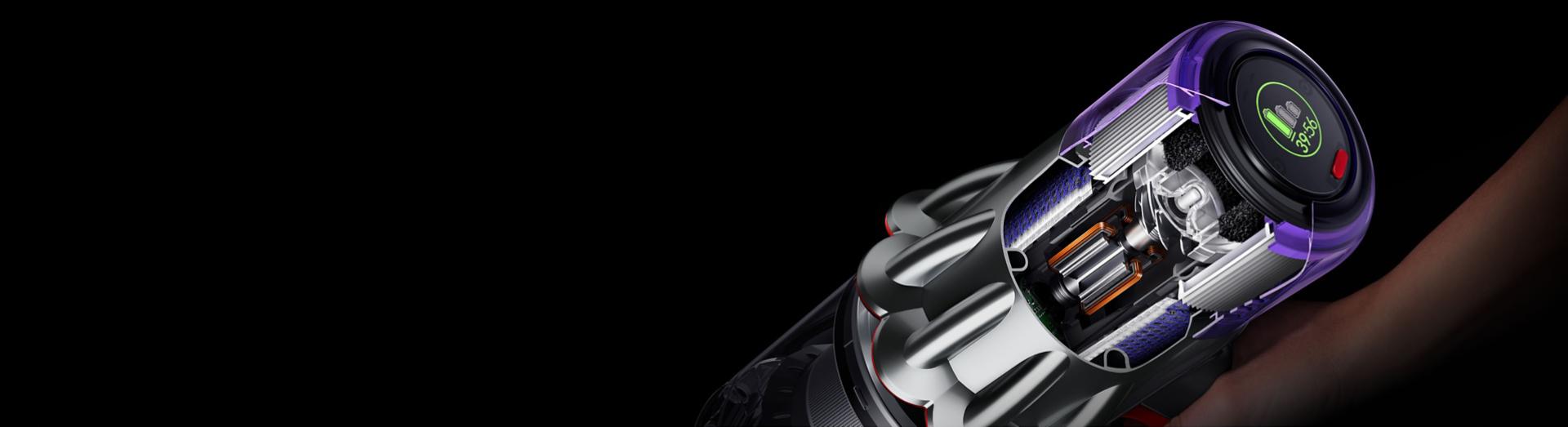 Cutaway of the Dyson V9 vacuum showing the Dyson Hyperdymium motor within.