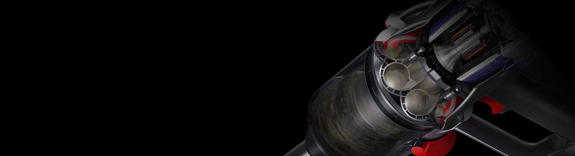 Cutaway of the Dyson V9 vacuum showing the Dyson Root Cyclone system.