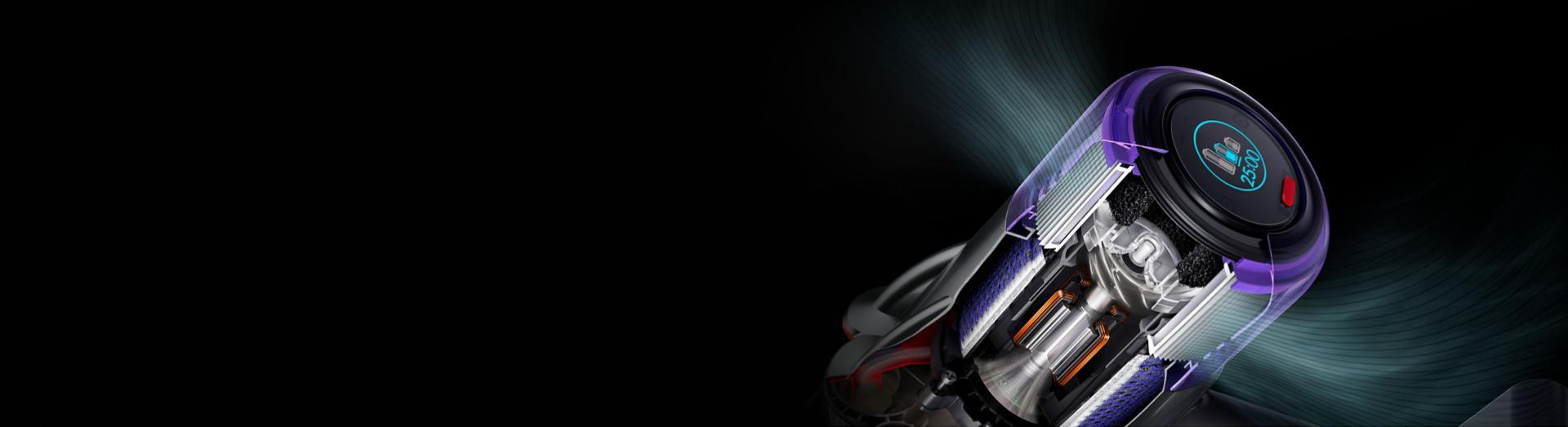 Cutaway of the Dyson V9 vacuum showing the filtration technology within.