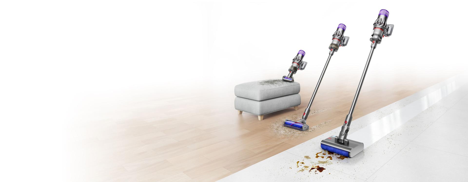 The Dyson V9 vacuum with the Hair screw tool, Motorbar cleaner head and Submarine wet roller head.
