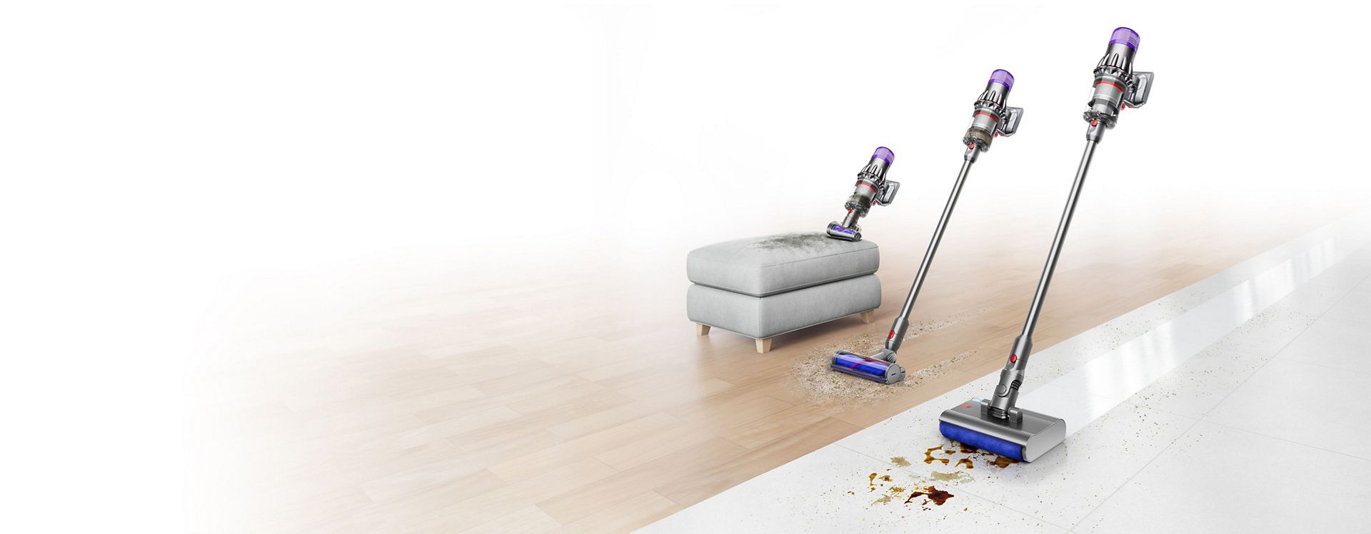 The Dyson V9 vacuum with the Hair screw tool, Motorbar cleaner head and Submarine wet roller head.