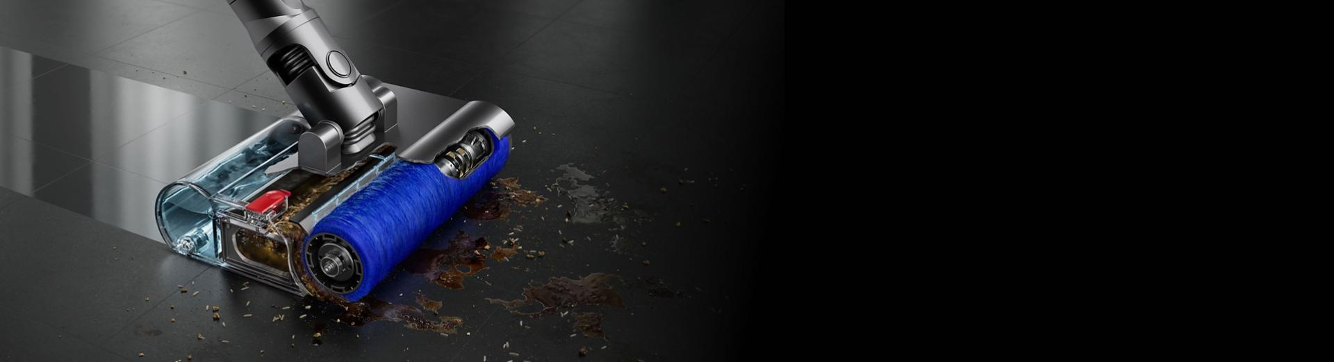 The Submarine wet roller head cleans spills from a tiled floor.