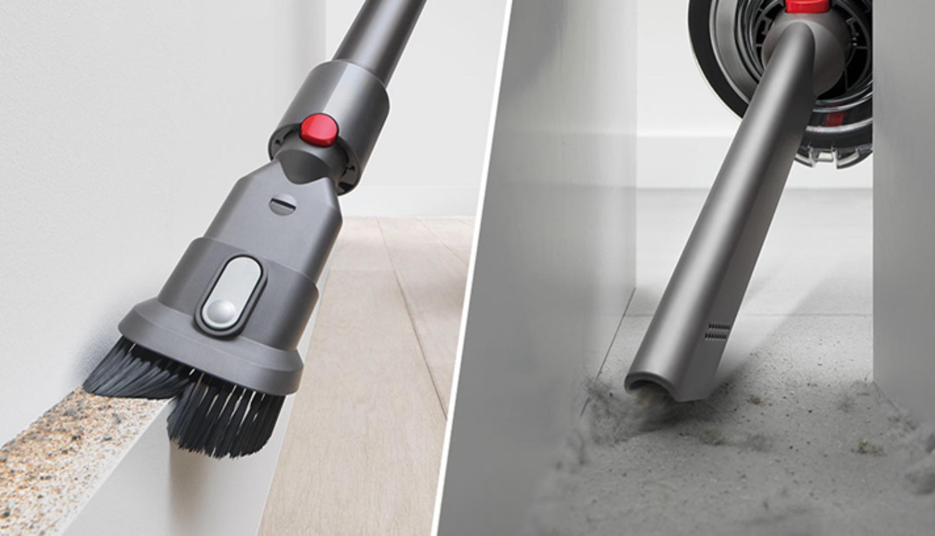 The Crevice tool is used to clean behind a cabinet and the Combination tool is used to clean crumbs from a surface.