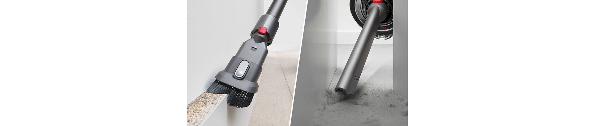 The Crevice tool is used to clean behind a cabinet and the Combination tool is used to clean crumbs from a surface.