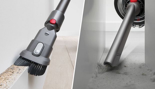 The Crevice tool is used to clean behind a cabinet and the Combination tool is used to clean crumbs from a surface.