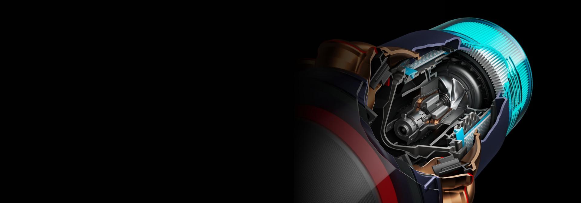 A cutaway graphic of the Dyson Hyperdymium motor inside a cordless vacuum.