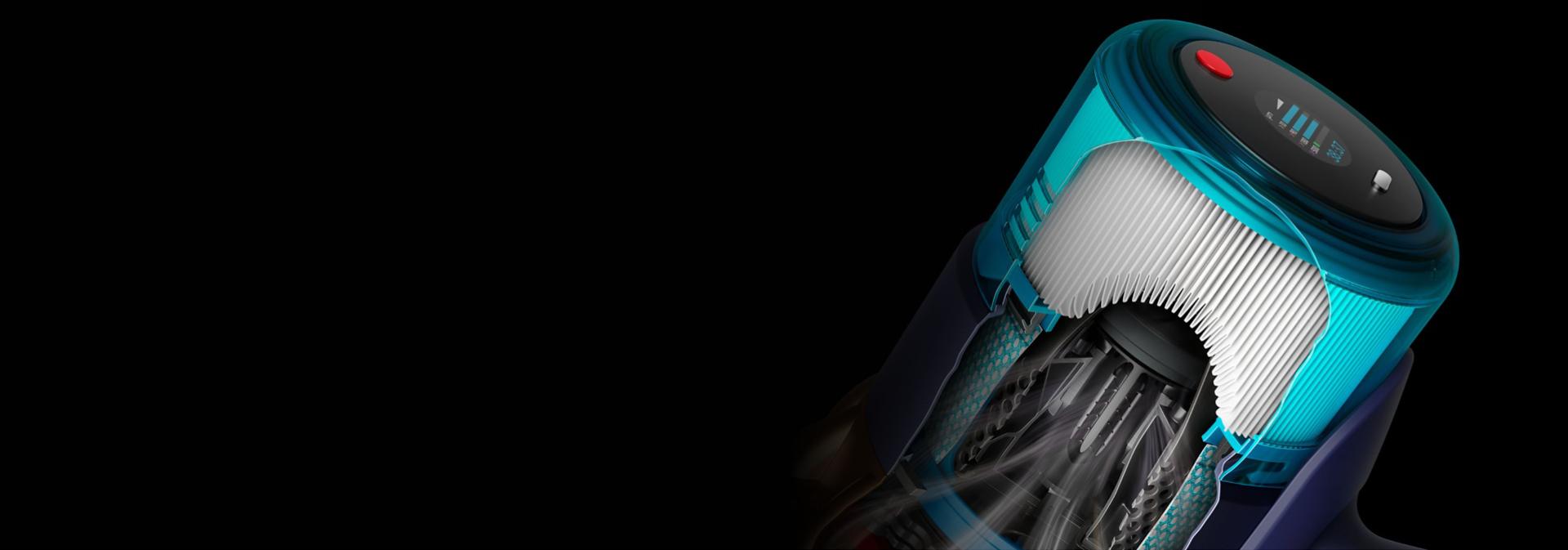 Cutaway graphic of a Dyson cordless vacuum showing the fully-sealed filtration system.