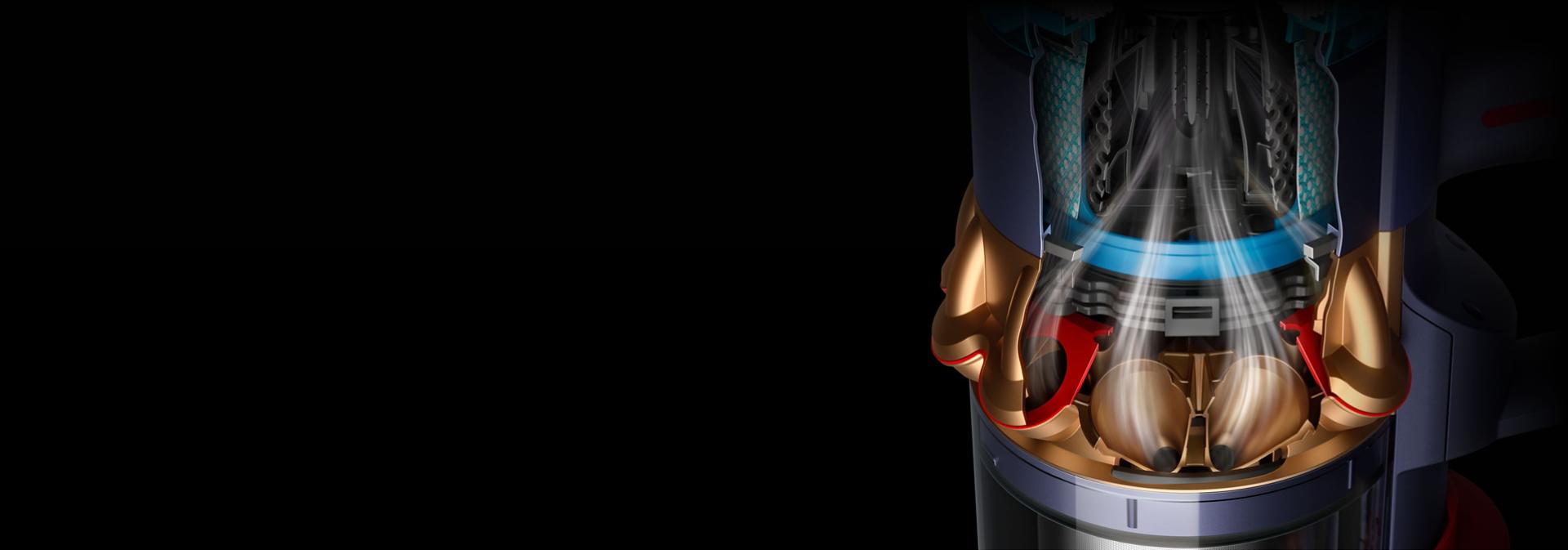 Cutaway graphic of Dyson Root Cyclone technology capturing dust and debris.