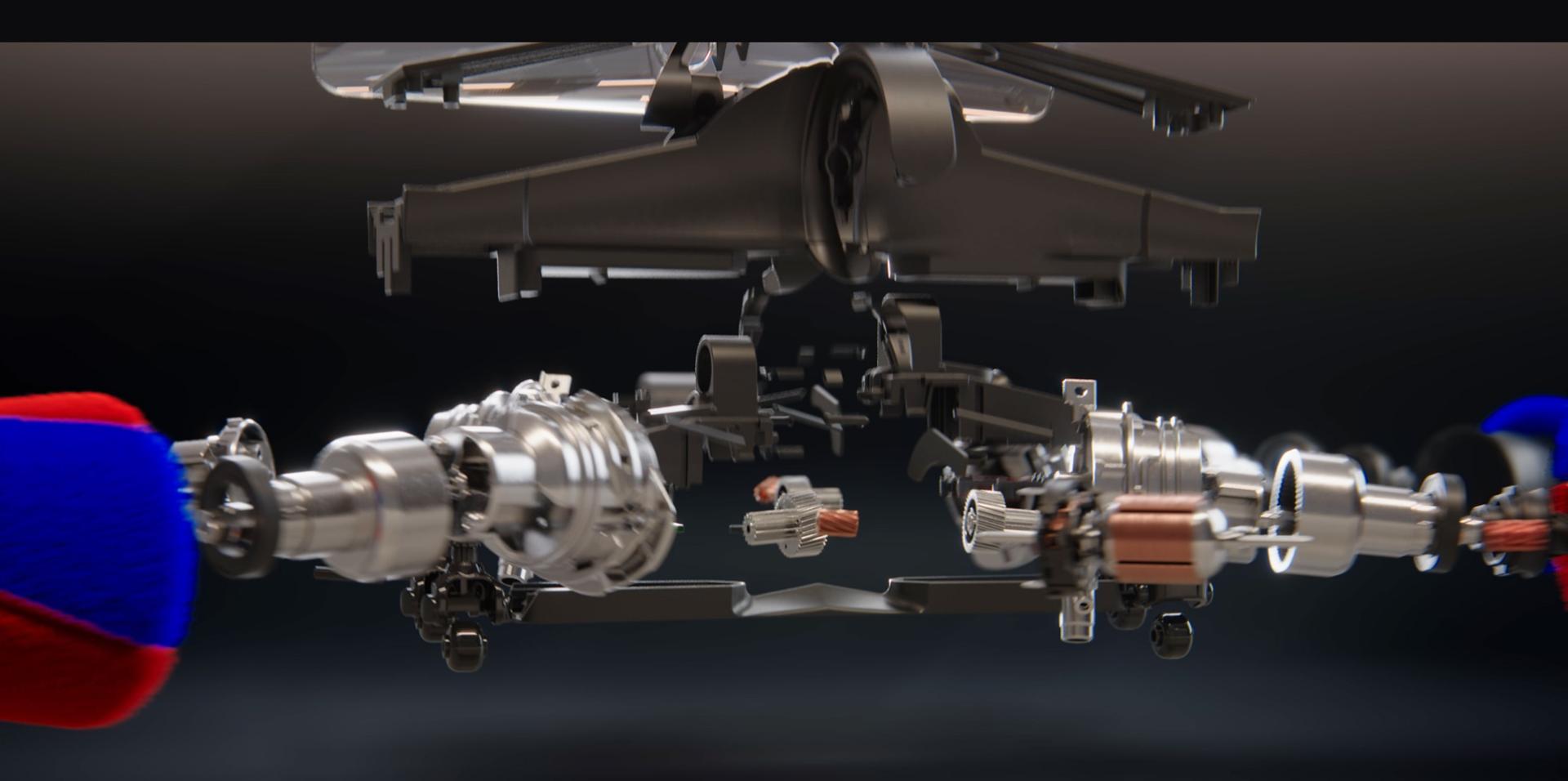 내부 모터가 보이는 다이슨 펜슬백 청소기의 손잡이 단면도